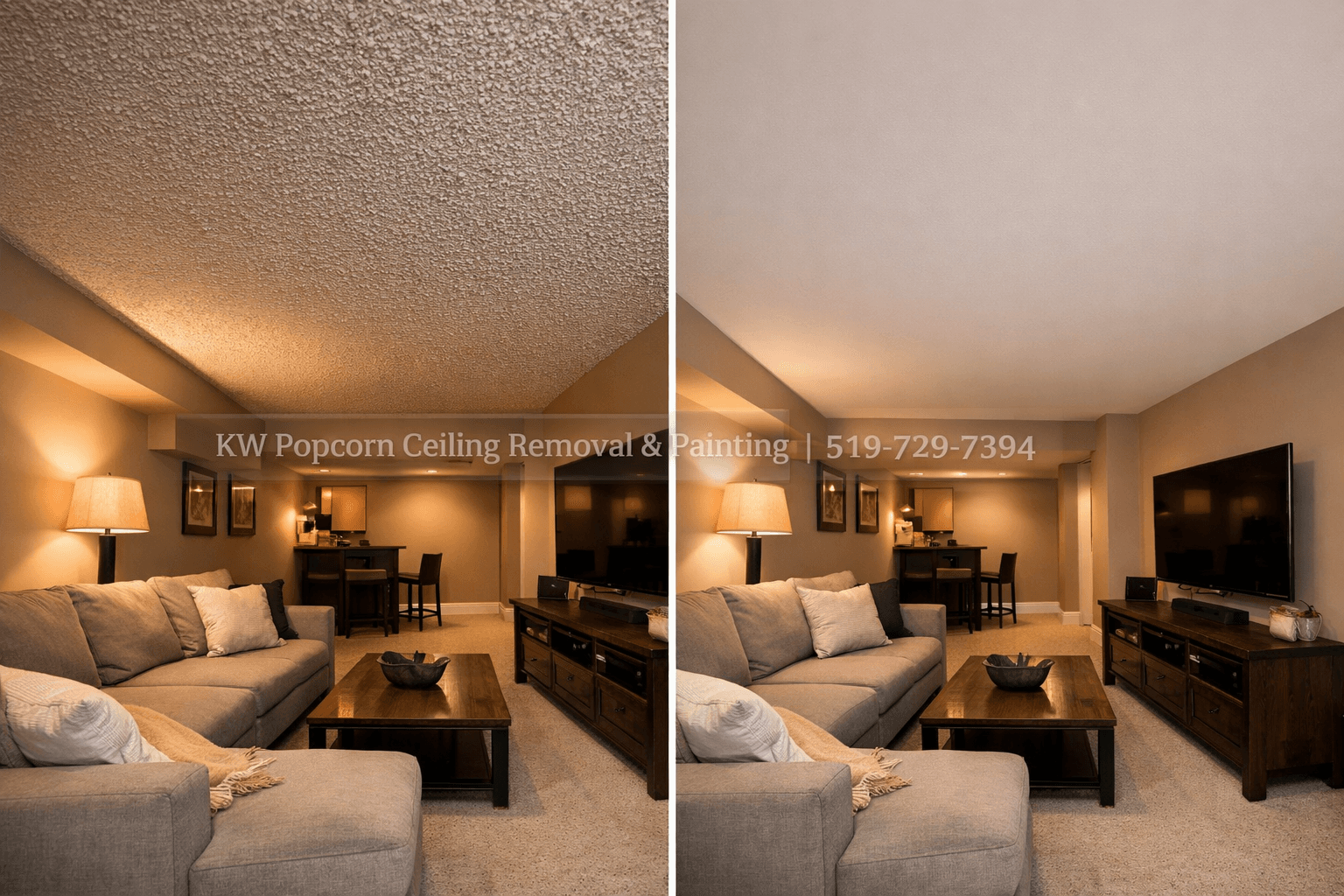Basement before and after popcorn ceiling removal — Halton Hills area