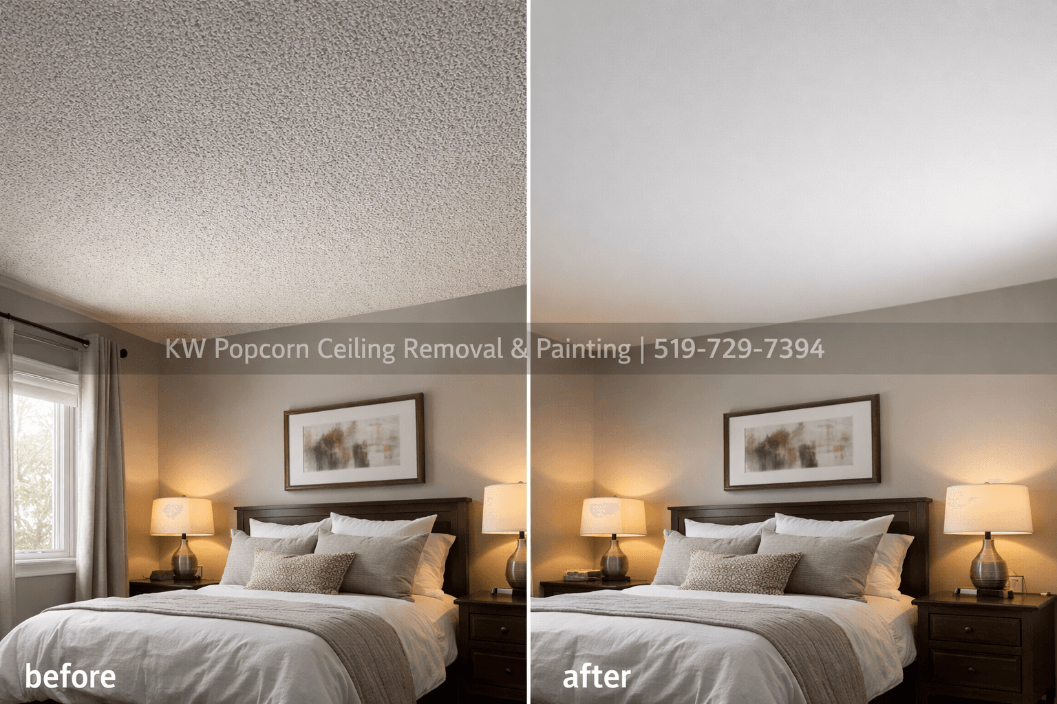 Bedroom before and after popcorn ceiling removal — Halton Hills area