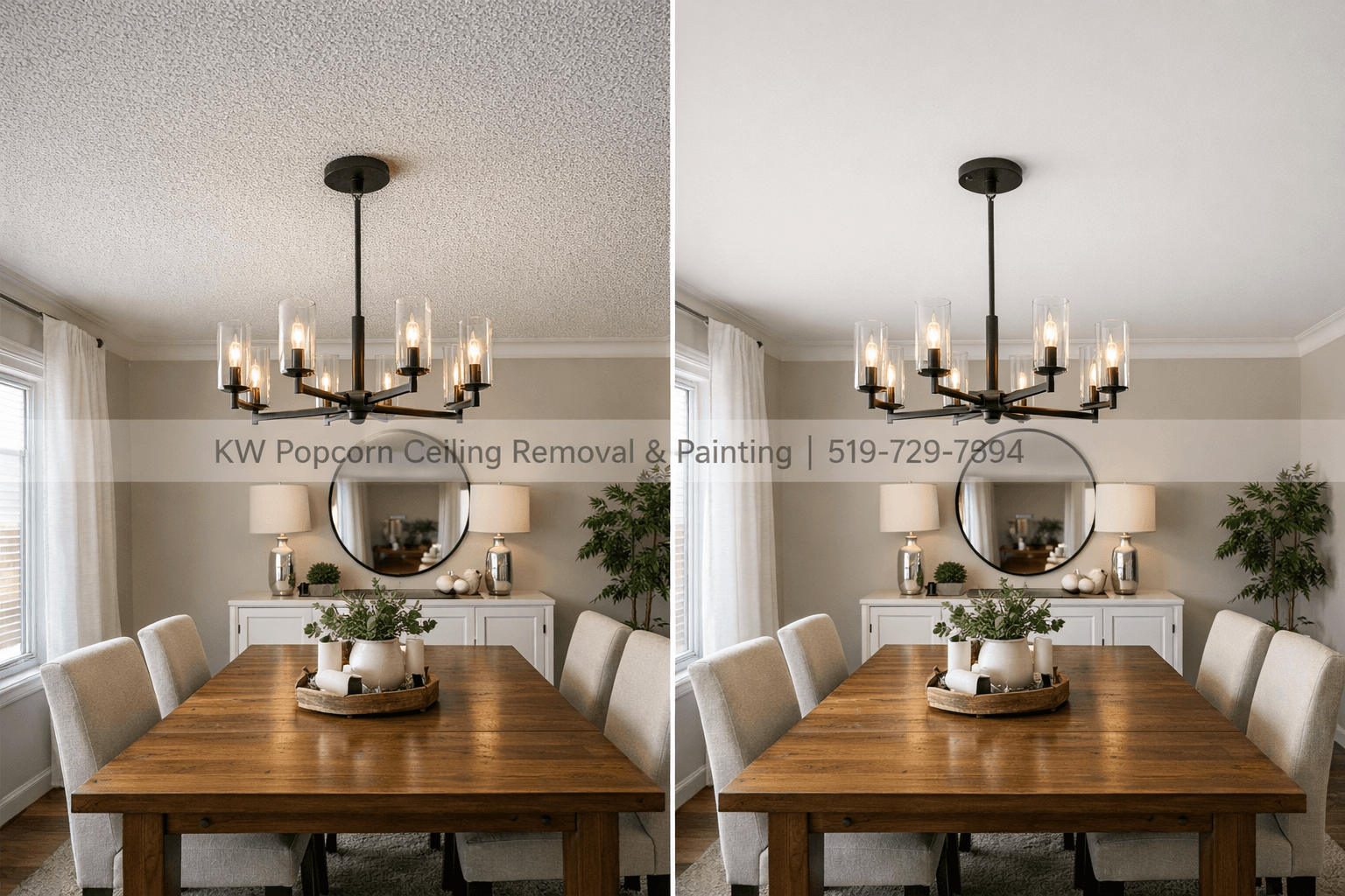 Dining Room before and after popcorn ceiling removal — Halton Hills area
