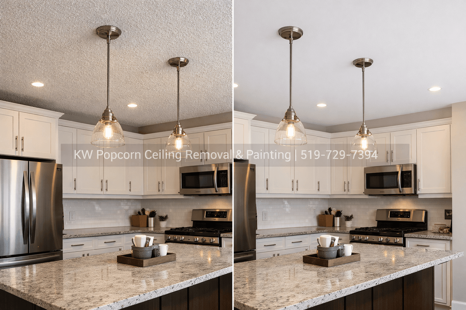 Kitchen before and after popcorn ceiling removal — Halton Hills area