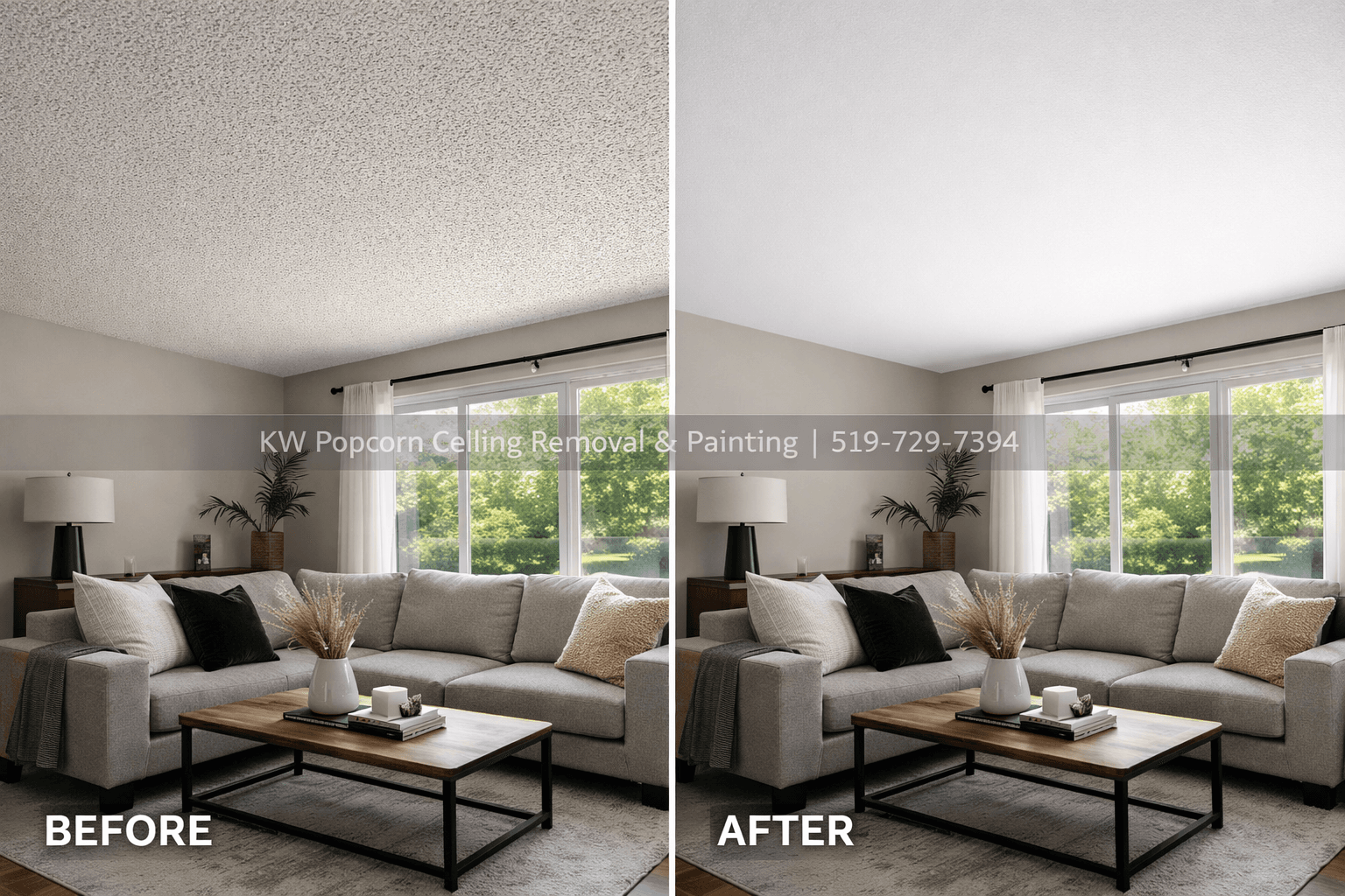 Living Room before and after popcorn ceiling removal — Halton Hills area