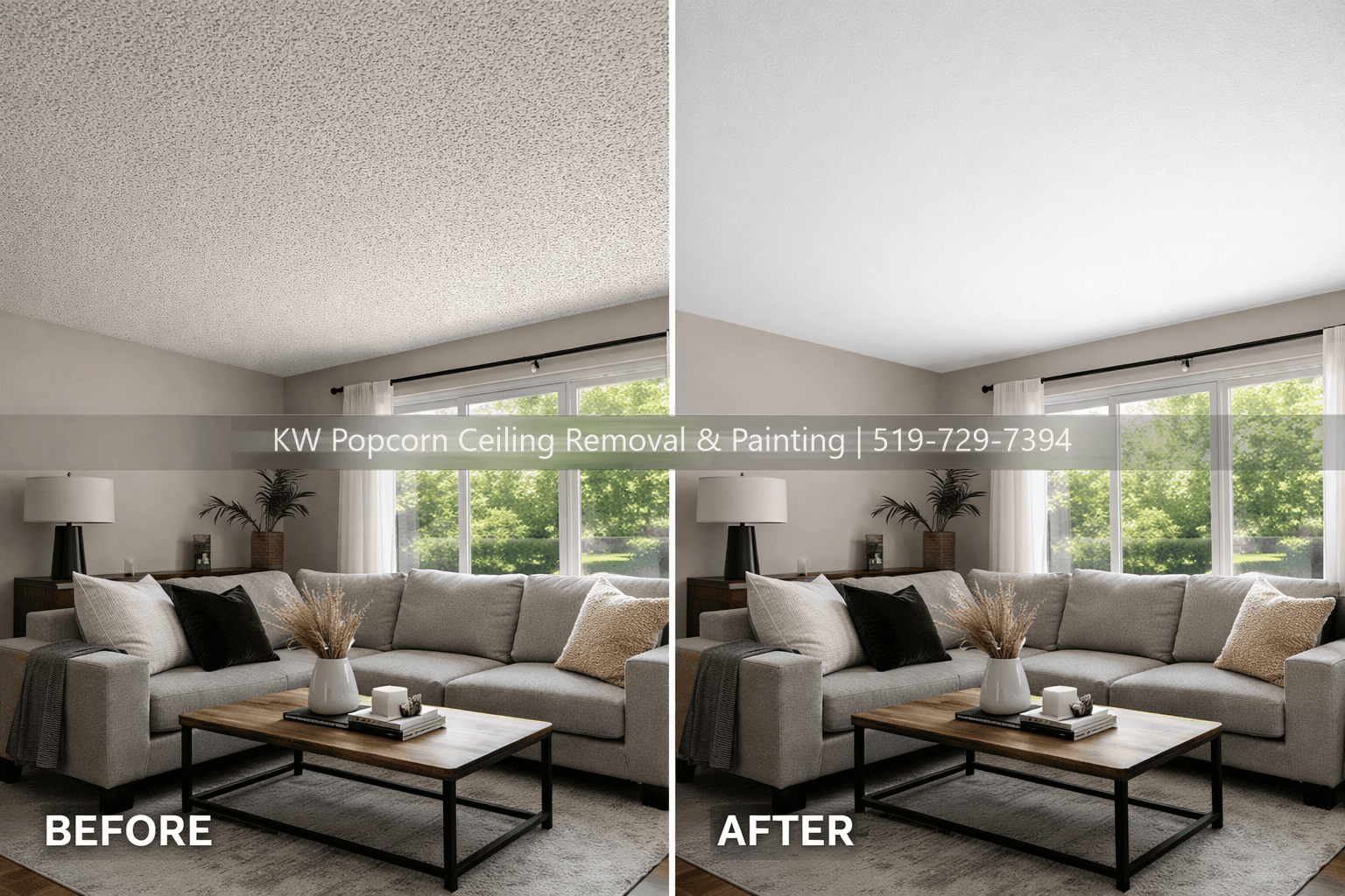 Living Room before and after popcorn ceiling removal — Markham area